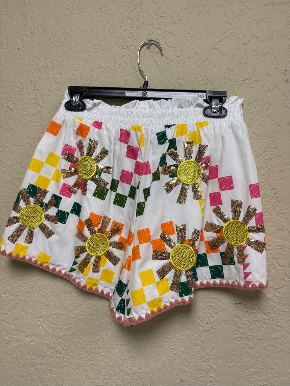 Queen of Sparkles White Embellished Sunburst Pattern Shorts